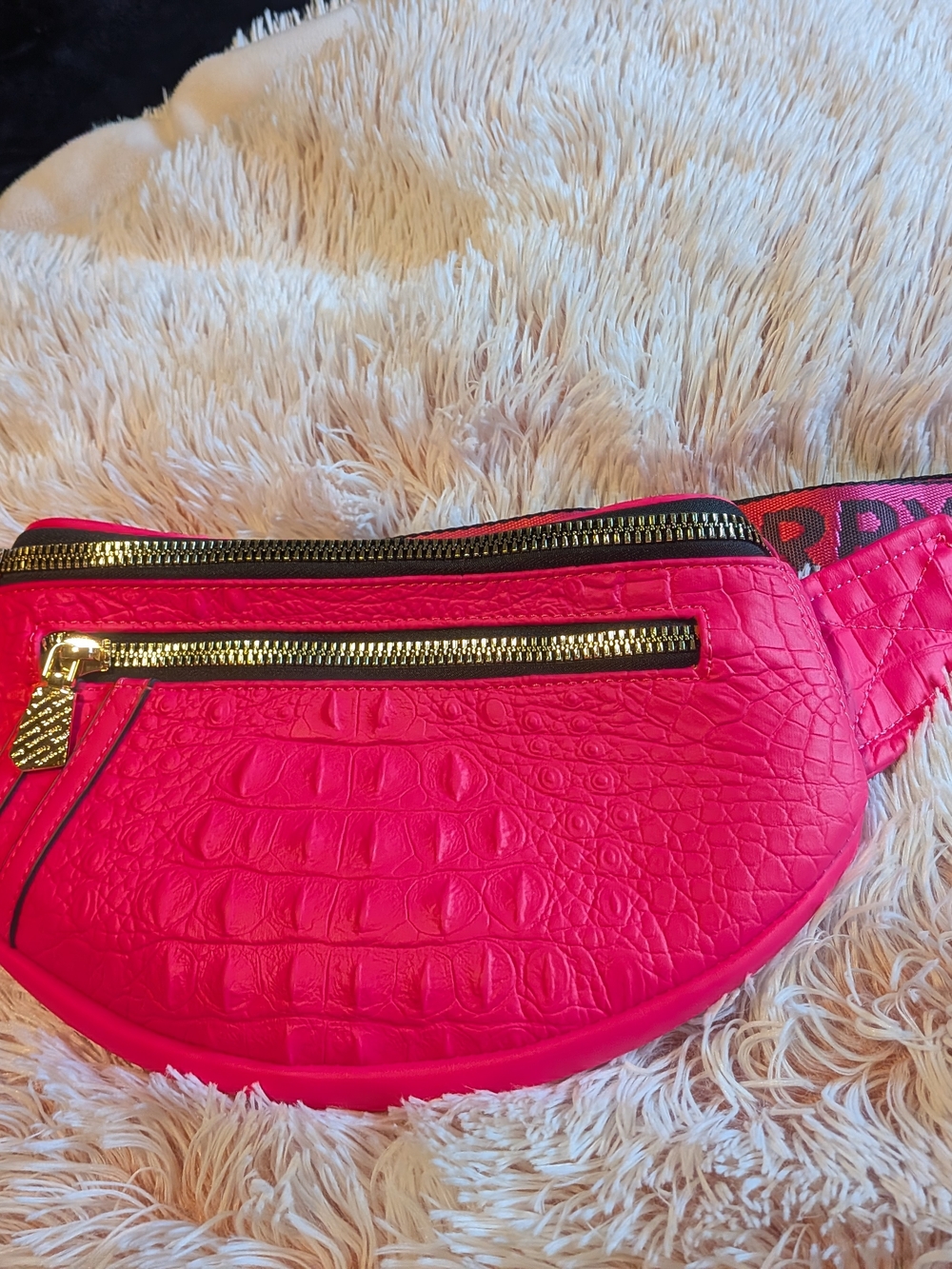 Hot Pink Croc-Embossed Belt Bag with Gold Zippers -XL